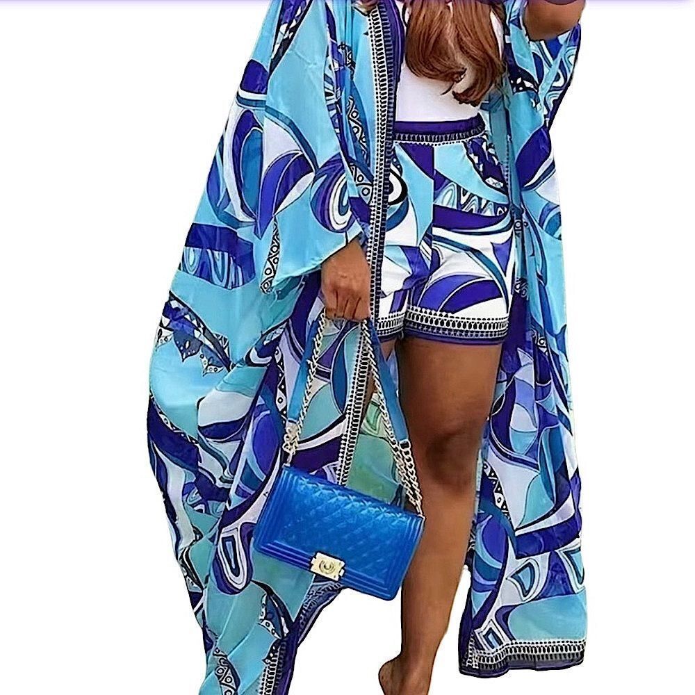 Women's Stylish Two-Piece Outfit: Kimono & High Waist Shorts Set XXL